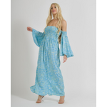 Ble Φορεμα Μακρυ με Μανικια σε Γαλαζιο Χρωμα με Γεωμετρικα Σχεδια one Size  (100% Crepe)