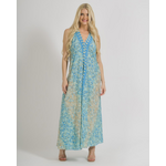 Ble Φορεμα Αμανικο σε Τυρκουαζ/μπεζ Χρωμα με Χρυσες Λεπτομερειες one Size (100% Crepe)