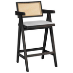 Σκαμπό bar Winslow Pakoworld Ξύλο Rubberwood Μαύρο-pvc Rattan Φυσικό-Ύφασμα Γκρι