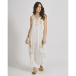 Ble Φορεμα Μακρυ Αμανικο σε Λευκο Χρωμα με Χρυσα Κεντηματα one Size (100% Rayon)