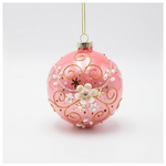Γυαλινη Μπαλα, ροζ με Λευκο Περλε Λουλουδι, σετ 4τμχ, 8cm