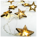 Σειρα, 10 led 5mm, με Ξυλινα Αστερακια 5cm, Μπαταριας 3xaa, Διαφανο pvc Καλωδιο, Θερμο Λευκο Led, per 15cm, Προεκταση Παροχης 50cm, Ip20