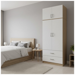 Ντουλάπα Δίφυλλη με 2 Συρτάρια και Πατάρι Lego Pakoworld σε oak-Λευκή Απόχρωση 80x42x240εκ