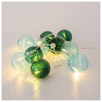 Σειρα, 10 led 5mm, με Πρασινες Γυαλινες Μπαλες 6cm, 4,5v Μετασχηματιστης, Διαφανο Καλωδιο, Θερμο Λευκο, ανα 15cm, Προεκταση Παροχης 300cm, Ip44