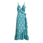 Ble Φορεμα Αμανικο Κρουαζε σε Μπλε/τυρκουαζ Χρωμα με Χρυσες Λεπτομερειες one Size(100% Crepe)