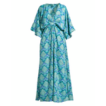 Ble Φορεμα Μακρυ με 3/4 Μανικι σε Μπλε/τυρκουαζ Χρωμα με Χρυσες Λεπτομερειες one Size (100% Crepe)