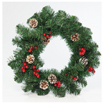 Στεφανι 50cm, με Χιονισμενες Κουκουναρες και  Barries, 80 Tips (Παχος των Tips 8cm), Πρασινο Χρωμα