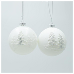 Γυαλινη Μπαλα, Λευκη, mat και Γυαλιστερη, με 3d Δεντρακια, σετ 4τμχ, 10cm
