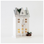 Ξυλινο Σπιτακι Φωτιζομενο, Λευκο-Γκρι, 3 led 5mm, Μπαταριας, Θερμο Λευκο, 17x11x31cm, Ip20