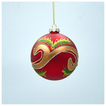 Γυαλινη Μπαλα, Κοκκινη με Χρυσες και Πρασινες Λεπτομερειες, σετ 4τμχ, 10cm