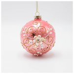 Γυαλινη Μπαλα, ροζ με Λευκο Περλε Λουλουδι, σετ 4τμχ, 10cm