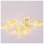 Σειρα, 10 led 5mm, με Χρυσα Μεταλλικα Αστερια, Μπαταριας 2xaa, Διαφανο pvc Καλωδιο, Θερμο Λευκο Led, ανα 15cm, Προεκταση Παροχης 30cm, Ip20