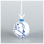 Γυαλινη Μπαλα, Λευκη με Πορσελανινο Ταρανδο, με Μπλε Σχεδια, 1τμχ, 8cm