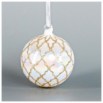 Γυαλινη Μπαλα, Ιριδιζουσα Λευκη, με Χρυσα Σχεδια, 1τμχ, 8cm