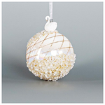Γυαλινη Μπαλα, Ιριδιζουσα Λευκη με Πορσελανινο Κυκνο, με Χαντρες, 1τμχ, 10cm