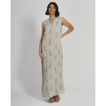 Ble Φορεμα Μακρυ Αμανικο Γκρι Ανοιχτο με Χρυσο Κεντημα Ψαροκοκκαλο (60%cotton,40%linen)