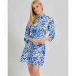 Ble Φορεμα με Μακρυ Μανικι Λευκο/ Μπλε με Σχεδια (100% Cotton)