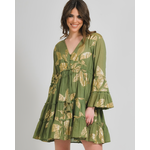 Ble Φορεμα Κοντο με Μακρυ Μανικι Χακι με Χρυσα Φυλλα one Size (100% Cotton)
