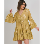 Ble Φορεμα Κοντο με Μακρυ Μανικι Σκουρο Μπεζ με Χρυσα Φυλλα one Size (100% Cotton)