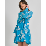 Ble Φορεμα Κοντο με Μακρυ Μανικι Γαλαζιο με Ασημι Φυλλα one Size (100% Cotton)