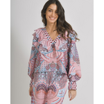 Ble Μπλουζα με Μακρυ Μανικι Λευκο/ροζ με Σχεδια one Size (100% Linen)