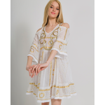 Ble Φορεμα Κοντο Λευκο/χρυσο με Πουλιες και Κροσσια one Size ( 100% Cotton)