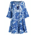 Ble Φορεμα Κοντο με Μακρυ Μανικι Λευκο/μπλε με Φυλλα s/m (100% Cotton)