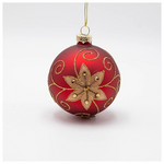Γυαλινη Μπαλα, Κοκκινη με Χρυσο Λουλουδι, σετ 4τμχ, 8cm