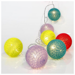 Σειρα, 10 led 5mm,  με Χρωματιστες Βαμβακερες Μπαλες 6cm, Μπαταριας 3xaa, Διαφανο pvc Καλωδιο, Θερμο Λευκο Led, ανα 15cm, Προεκταση Παροχης 50cm, Ip20