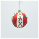 Γυαλινη Μπαλα, Λευκη με Κοκκινο και Σχεδια Γκι, σετ 4τμχ, 10cm