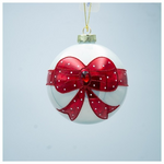 Γυαλινη Μπαλα, Λευκη με Κοκκινο Φιογκο, σετ 4τμχ, 10cm