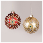 Γυαλινη Μπαλα, Κοκκινη Σαμπανι, με Χαντρες και Glitter,  σετ 2τμχ, 10cm