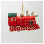 Πλαστικο Στολιδι, Κοκκινο Τρενακι με Πρασινο Glitter, σετ 2τμχ, 11cm
