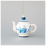 Γυαλινο Στολιδι, Τσαγιερα, Λευκη με Μπλε Λουλουδια, σετ 4τμχ, 11x7,5x10cm