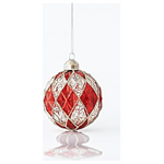 Γυαλινη Μπαλα, Κοκκινη και Ασημι, Αναγλυφη, με Glitter, σετ 4τμχ, 8cm