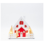 Φωτιζομενο Ξυλινο Σπιτι, Κοκκινο & Λευκο, me Δεντρα και Χιονισμενη Οροφη Μπαταριας 2xaa, Χρονοδιακοπτη, 10 Θερμα Λευκα Led, 20x10x20cm, Ip20