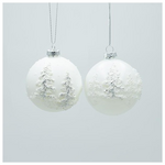 Γυαλινη Μπαλα, Λευκη, mat και Γυαλιστερη, με 3d Δεντρακια, σετ 4τμχ, 8cm