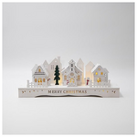 Ξυλινη Παρασταση με Σπιτακια, Λευκη, Φωτιζομενη, Timer, Μπαταριας, 33x8x12.5cm