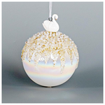 Γυαλινη Μπαλα, Ιριδιζουσα Λευκη με Πορσελανινο Κυκνο, 1τμχ, 10cm