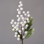 Κλαδι με Λευκα Διακοσμητικα και Πρασινα Φυλλα, 35cm
