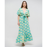 Ble Φορεμα Μακρυ Κοντομανικο με Δεσιμο Τυρκουαζ/πρασινο με Φυλλα και Χρυσες Λεπτομερειες one Size(100% Crepe)