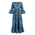 Ble Φορεμα Μακρυ με 3/4 Μανικι σε Μπλε Χρωμα με Χρυσεσ/καφε Λεπτομερειες one Size (100% Cotton)