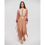 Ble Καφτανι/φορεμα Μακρυ με Ζωνη σε Μπεζ/πορτοκαλι Χρωμα με Σχεδια L/xl (28%silk / 72%crepe)
