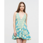 Ble Φορεμα Κοντο Εξωπλατο Τυρκουαζ με Φυλλα και Χρυσες Λεπτομερειες one Size(100% Crepe)