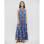 Ble Φορεμα Μακρυ Αμανικο Μπλε με Χρυσα Λουλουδια one Size(100% Crepe)