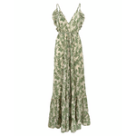 Ble Φορεμα Μακρυ Εξωπλατο με Βολαν Εκρου/πρασινο με Χρυσες Λεπτομερειες one Size(100% Crepe)