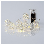Σειρα, 10 Mini Led, με Μεταλλικες Μπαλες 3cm, Μπαταριας 2xaa, Ασημι Χαλκινο Καλωδιο, Θερμο Λευκο Led, ana 10cm, Προεκταση Παροχης 50cm, Ip20