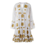 Ble Φορεμα Κοντο Μακρυμανικο Λευκο με Χρυσο Κεντημα m/l (60%cotton,40%linen)