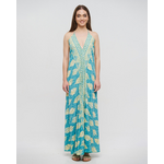 Ble Φορεμα Μακρυ Εξωπλατο Τυρκουαζ με Φυλλα και Χρυσες Λεπτομερειες one Size(100% Crepe)