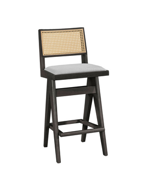 Σκαμπό bar Winslow Pakoworld Ξύλο Rubberwood Μαύρο-pvc Rattan Φυσικό-Ύφασμα Γκρι 44.5x46x98εκ